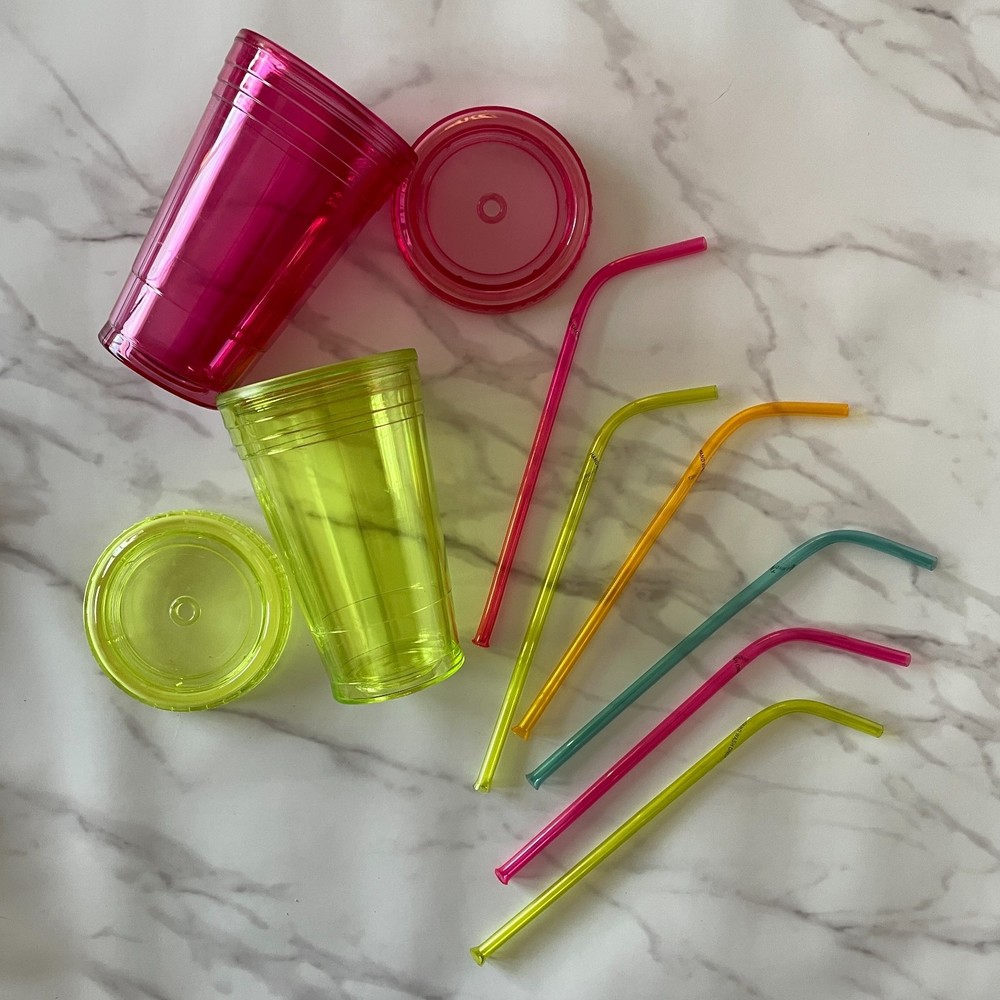 Set of 2 Colorfully Iridescent Travel Cups with Straws